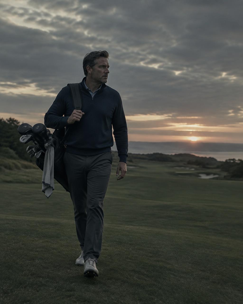 Jeremy Lederer walking a golf course at dusk
